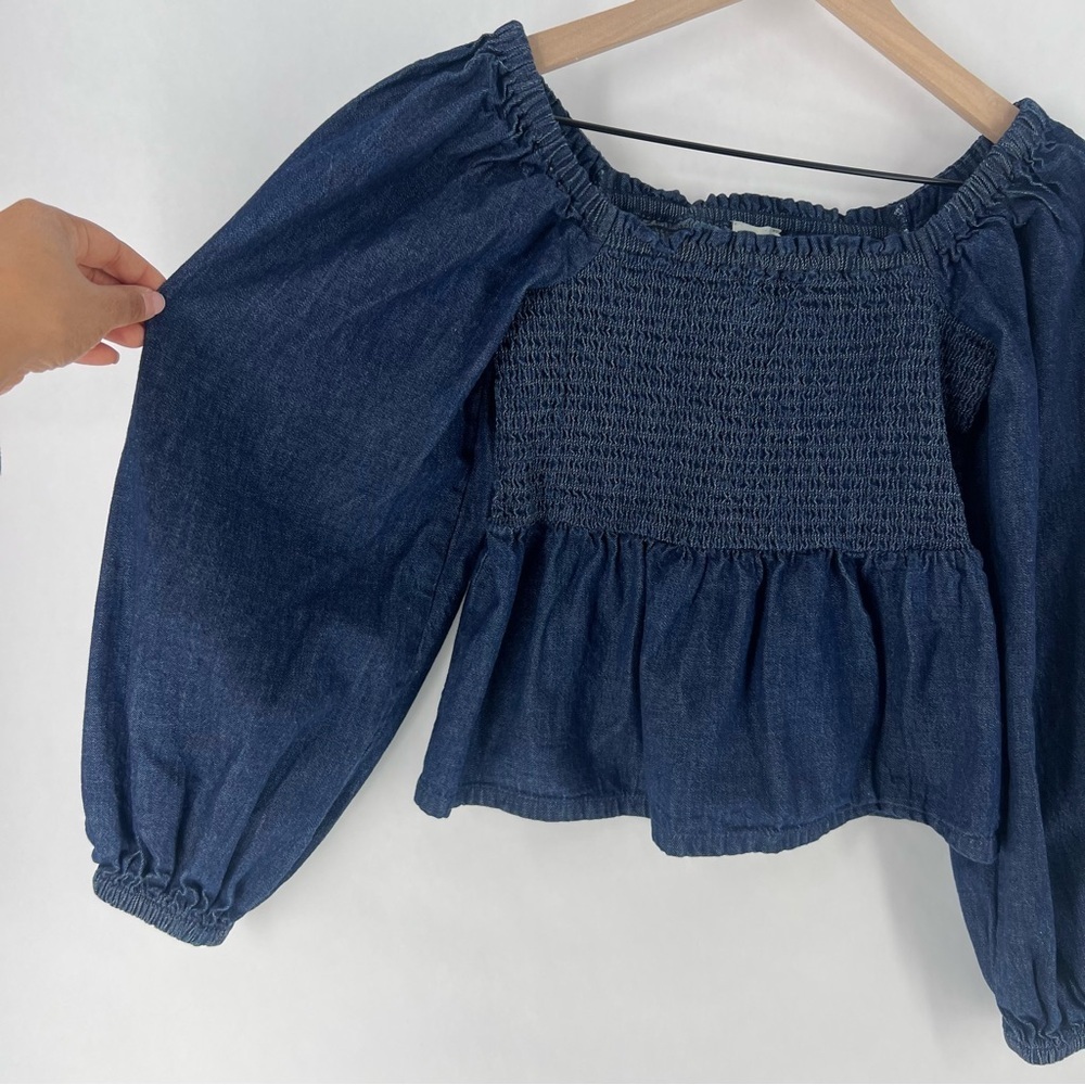 J. Crew Dark Blue Chambray Smocked Puff Sleeve Top Peasant Milkmaid - Picture 11 of 12